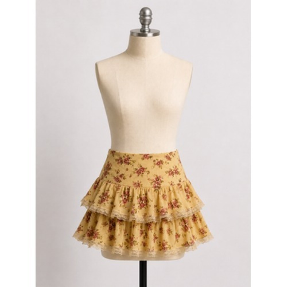Zara Skirt Womens Small Yellow Floral Ruffle Lace Mini Chiffon Lined‎ Boho